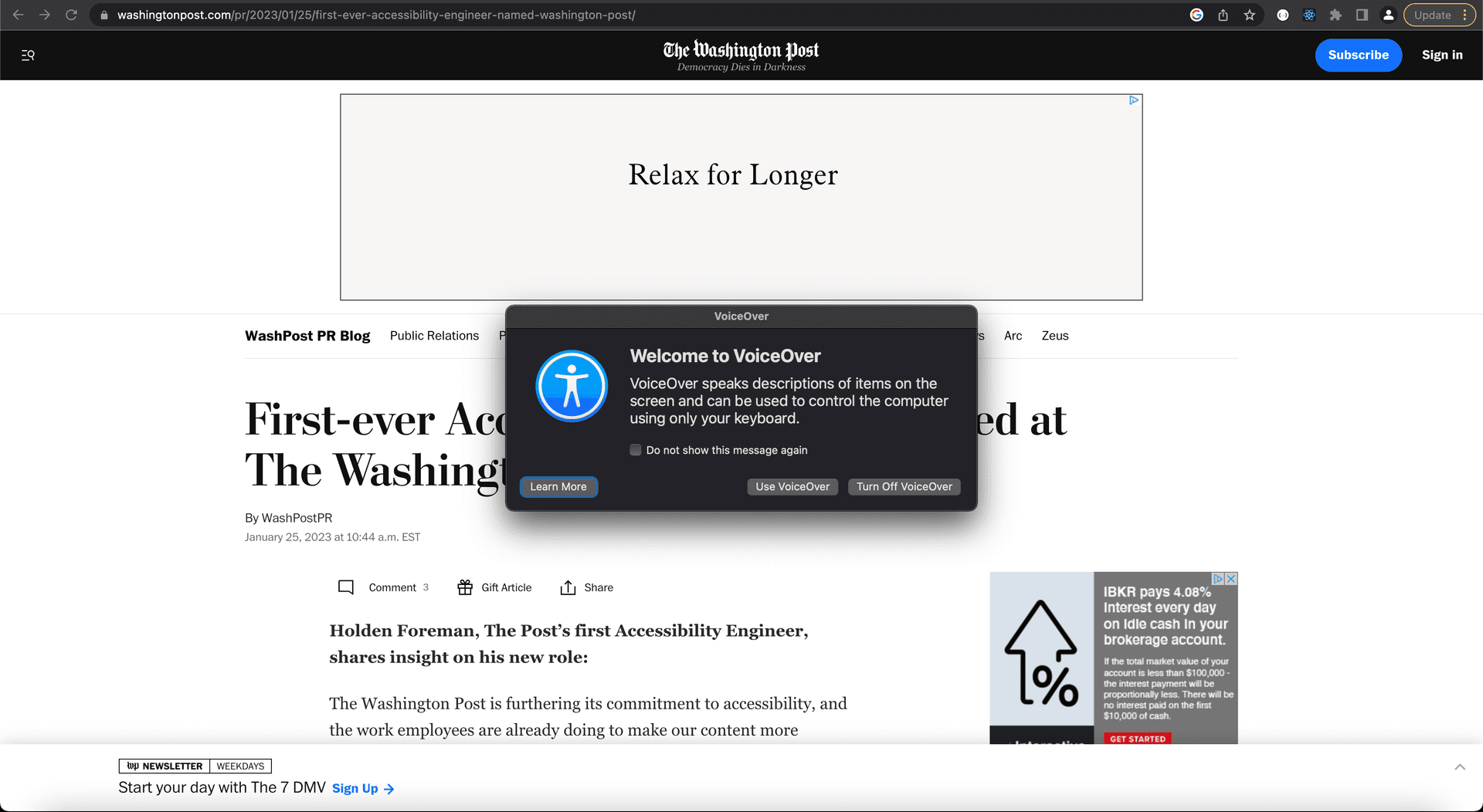 Screenshot shows the VoiceOver popup that is displayed when someone enables VoiceOver on their Mac using the keyboard shortcut.